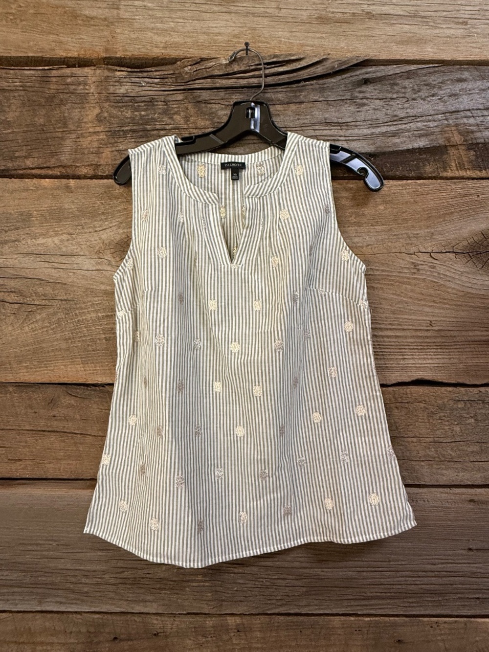 Talbots striped sleeveless top with metallic accents, green/khaki, XS